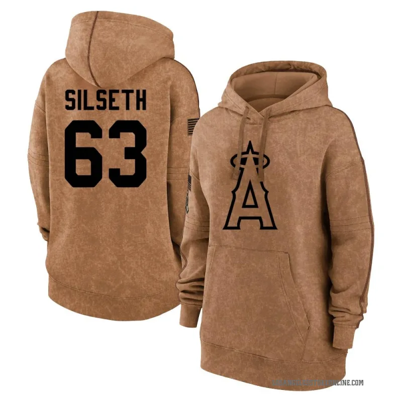 Chase Silseth Women's Brown Los Angeles Angels 2023 Salute to Service Pullover Hoodie