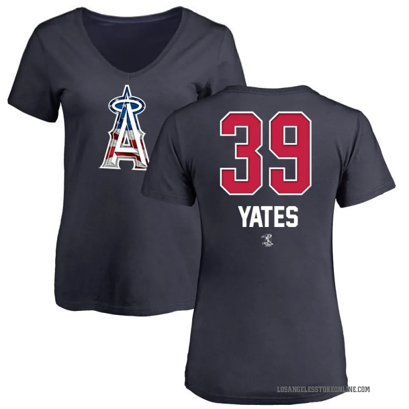 Kirby Yates Women's Navy Los Angeles Angels Name and Number Banner Wave V-Neck T-Shirt -