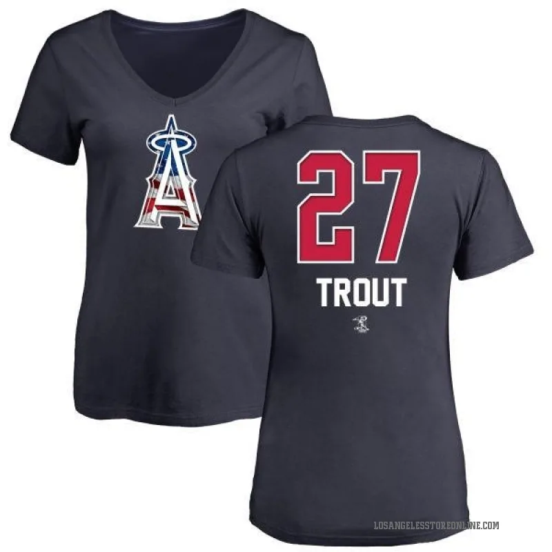 Mike Trout Women's Navy Los Angeles Angels Name and Number Banner Wave V-Neck T-Shirt -