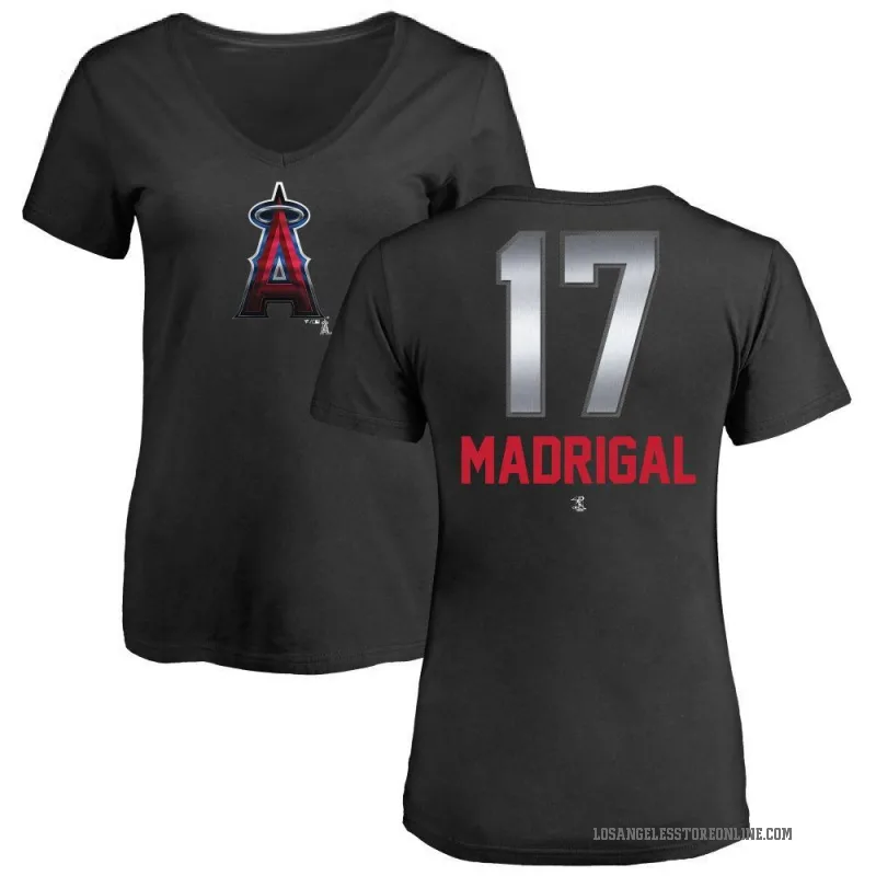 Nick Madrigal Women's Black Los Angeles Angels Midnight Mascot V-Neck T-Shirt -