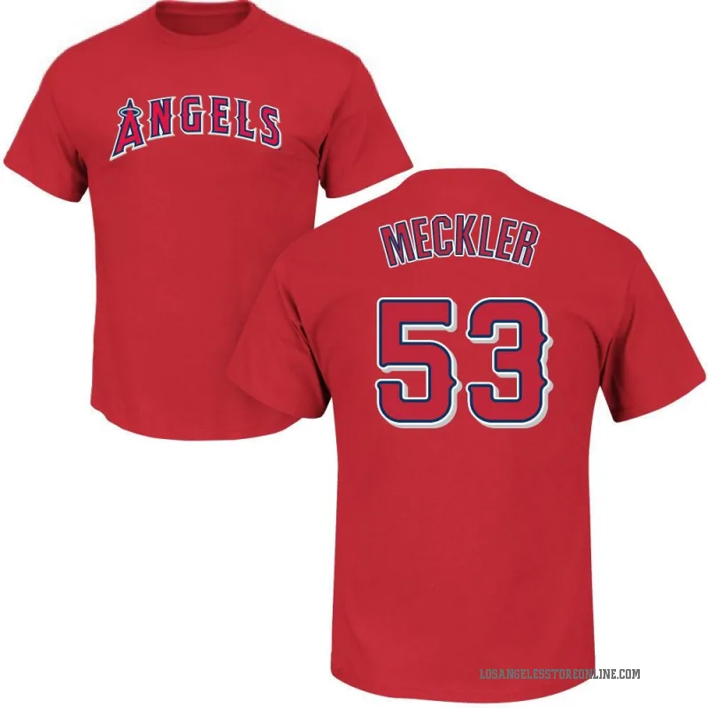 Wade Meckler Men's Red Los Angeles Angels Roster T-Shirt -