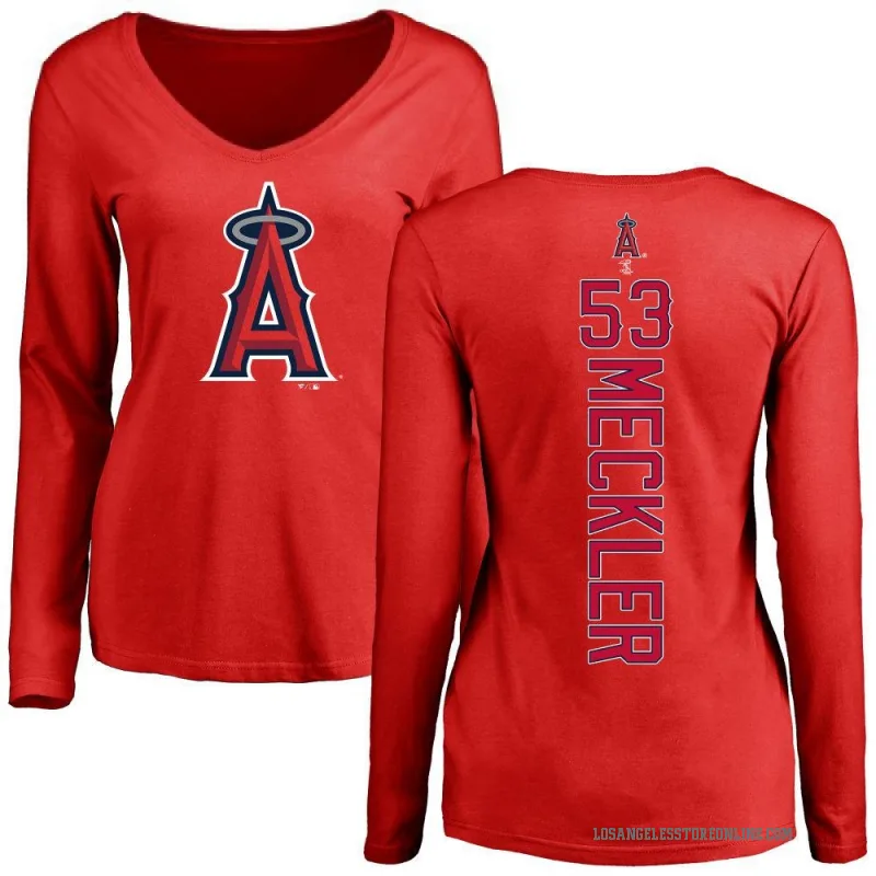 Wade Meckler Women's Red Los Angeles Angels Backer Slim Fit Long Sleeve T-Shirt -
