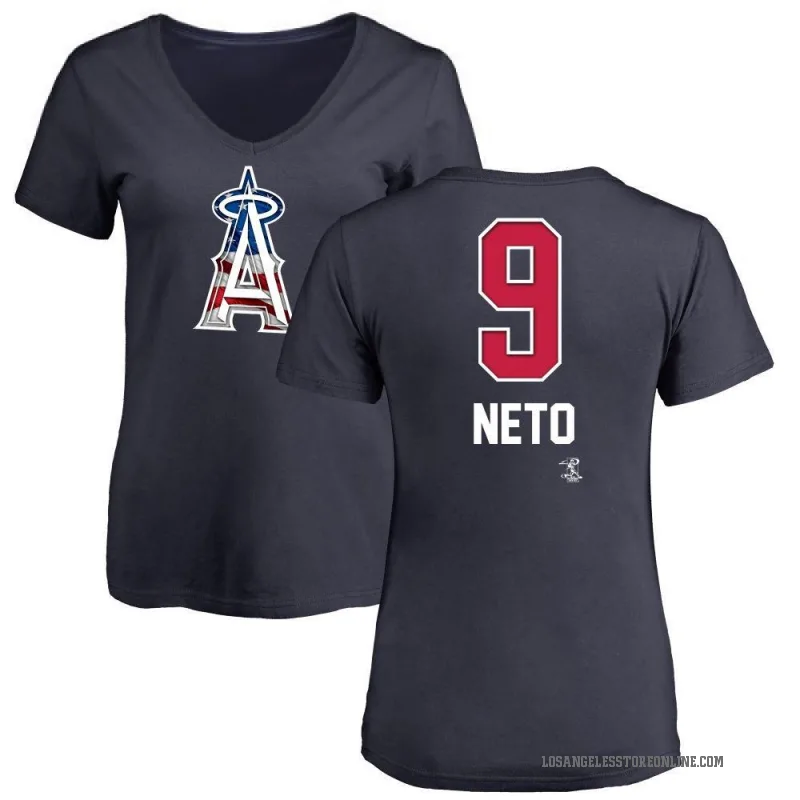 Zach Neto Women's Navy Los Angeles Angels Name and Number Banner Wave V-Neck T-Shirt -
